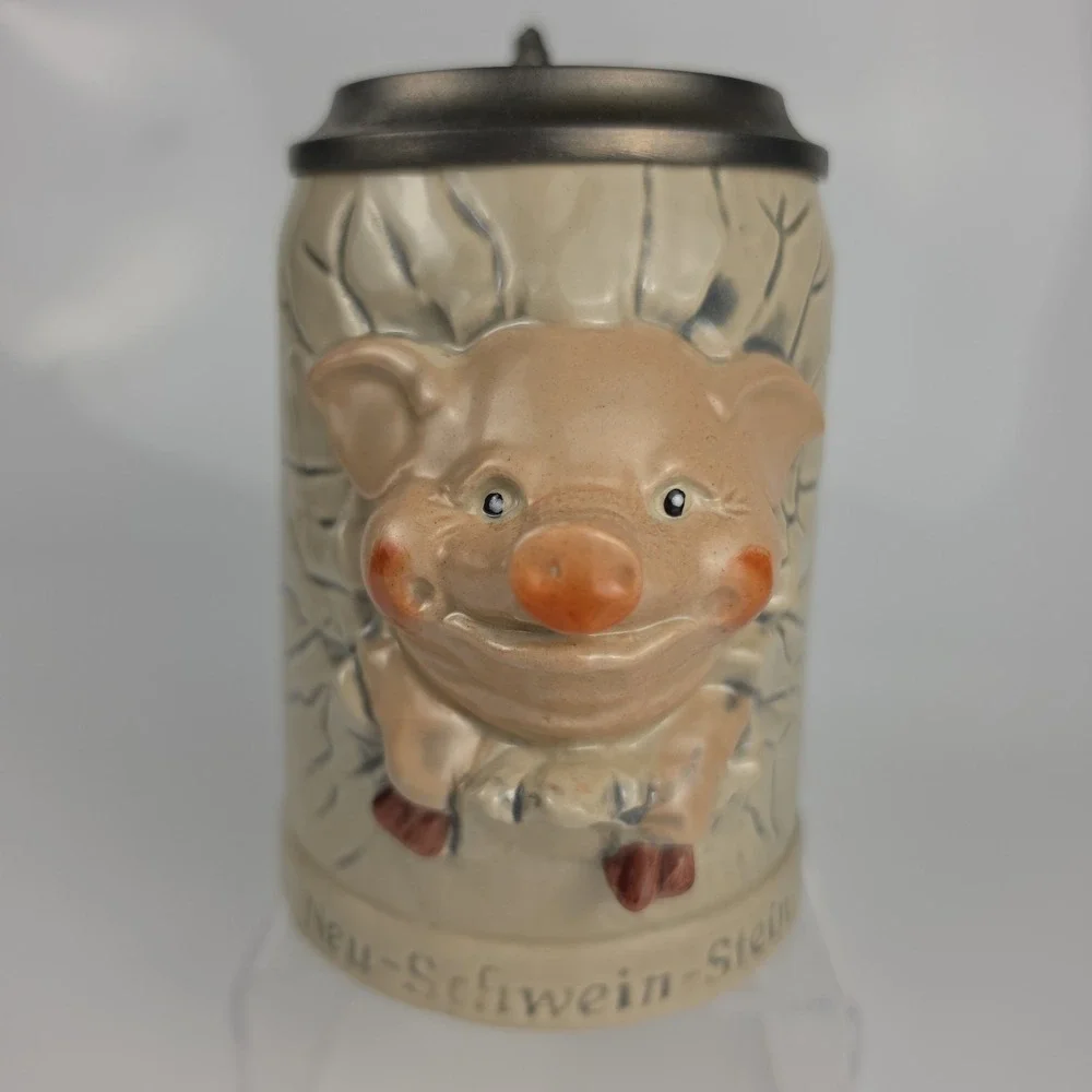 Diener Neu Schwein Stein German Pig Stoneware Character Stein Pewter Lid